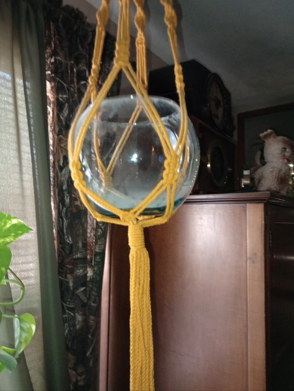 Mustard Yellow Macramé Hanging Planter - Handmade With Clear Glass Bowl